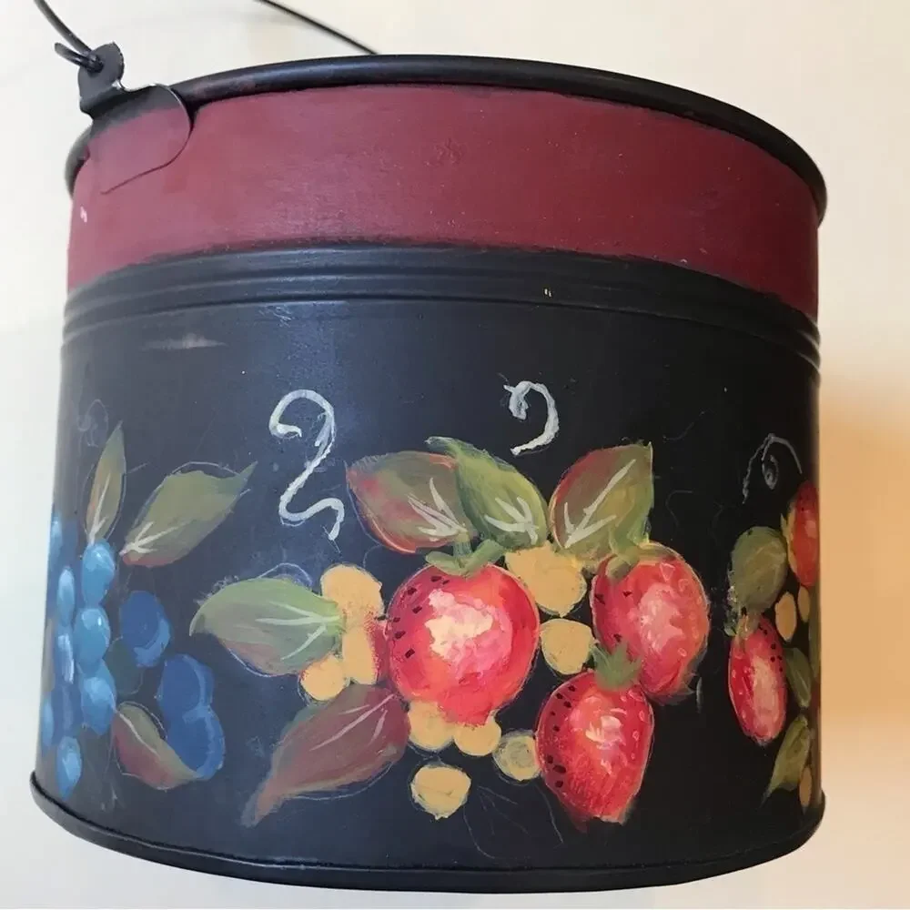 Cottagecore Hand painted Toleware Tin Bucket w/ Lid, Features a Fruit Motif